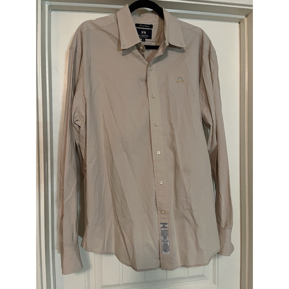 La Martina Buenos Aires Men's Button-Down Shirt  Cream Tan Pima Cotton Size L